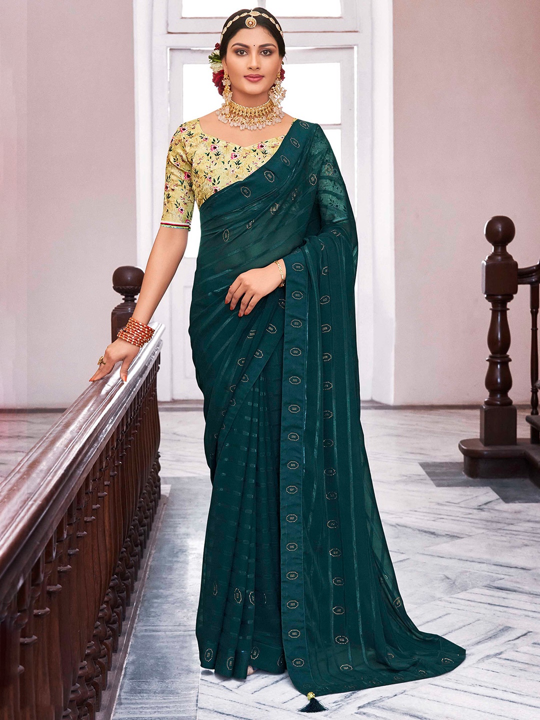 

Mitera Teal Blue Striped Beads and Stones Saree