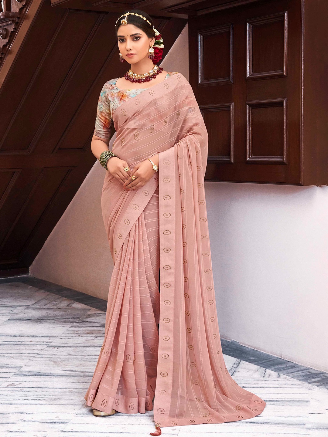 

Mitera Peach-Coloured & Gold-Toned Striped Beads and Stones Saree