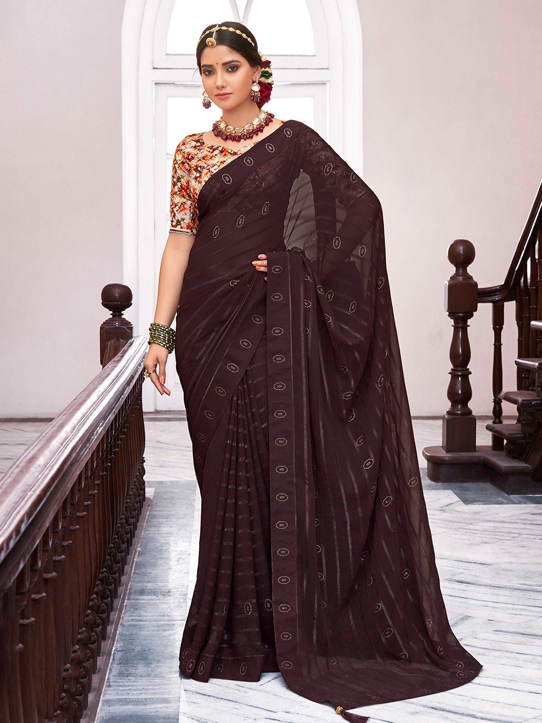 

Mitera Brown Striped Beads and Stones Saree