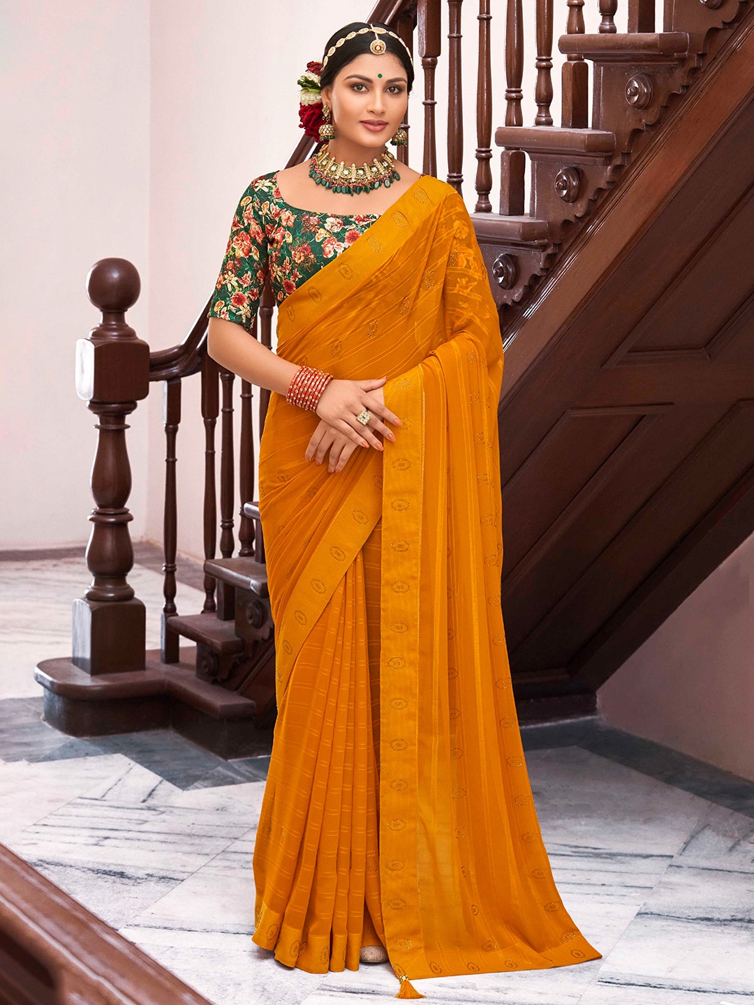 

Mitera Embellished Beads and Stones Saree, Yellow