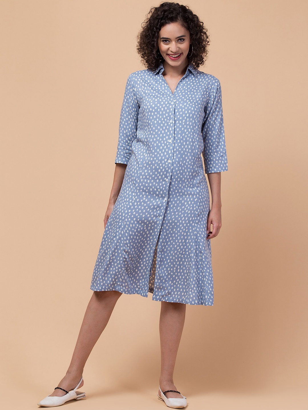 

Hive91 Polka Dots Printed Shirt Collar Shirt Midi Dress, Blue