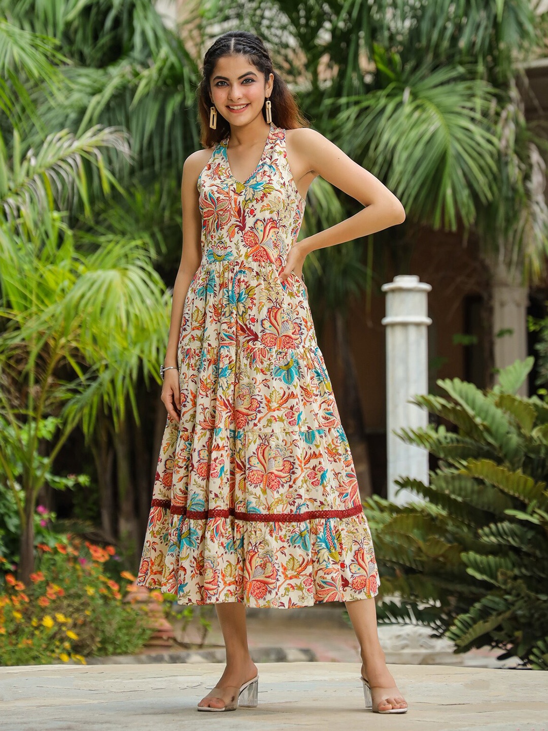 

Rain & Rainbow Floral Printed Shoulder Straps Tiered Cotton Fit & Flare Midi Ethnic Dress, Beige