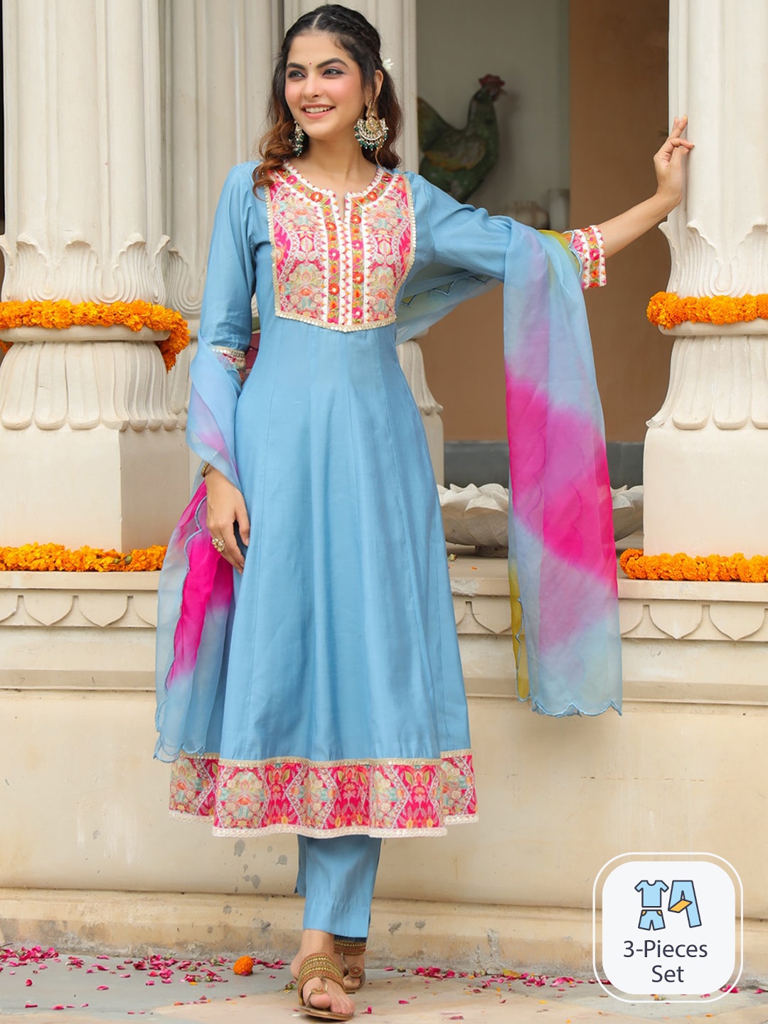 

Rain & Rainbow Floral Sequinned Embroidered Anarkali Kurta With Trousers & Dupatta, Blue