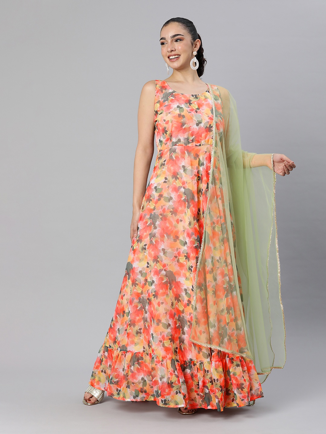 

Swishchick Floral Printed Georgette Ethnic Maxi Dress with Dupatta, Pink