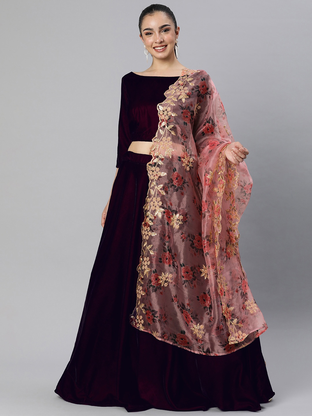

Swishchick Solid Ready to Wear Lehenga & Blouse With Dupatta, Burgundy