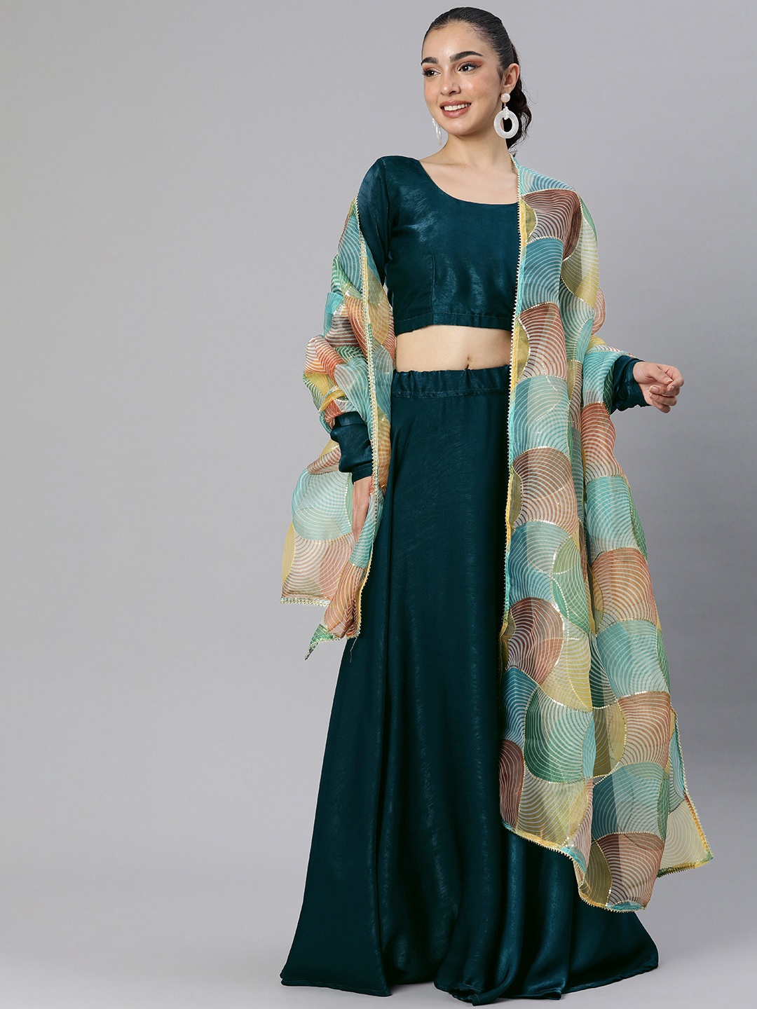 

Swishchick Solid Ready to Wear Lehenga & Blouse With Dupatta, Teal