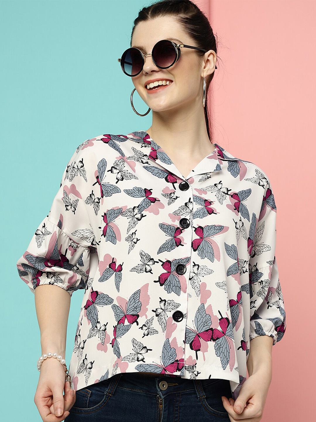 

CLEMIRA Floral Printed Shirt Style Top, White