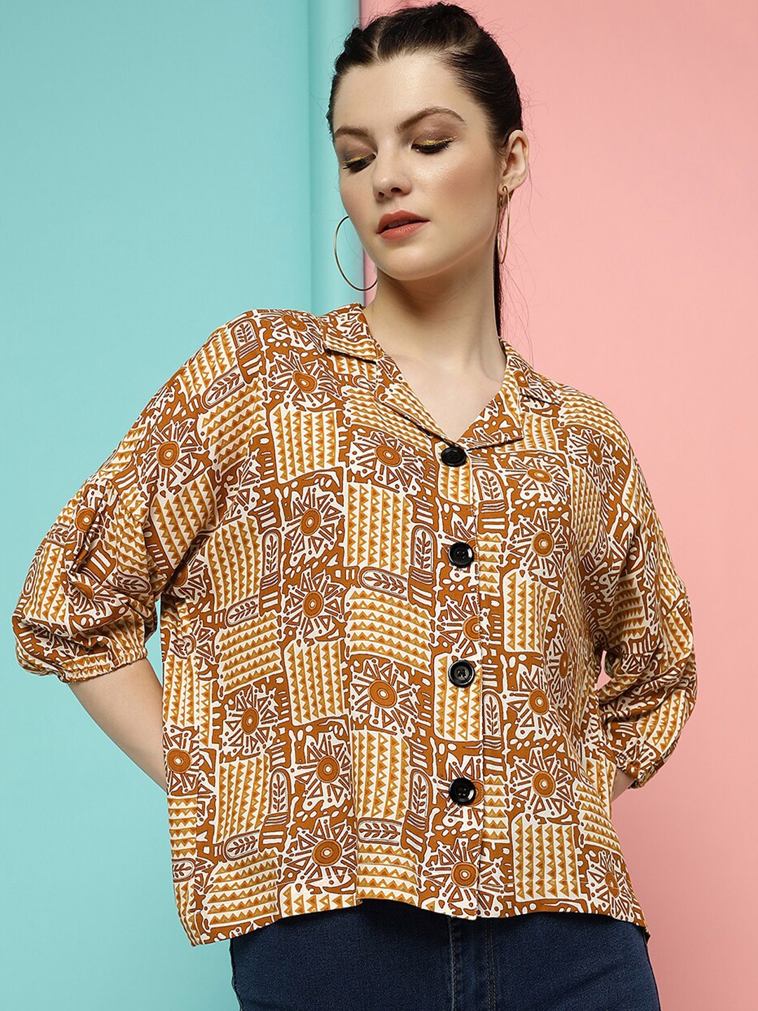 

CLEMIRA Ethnic Motifs Printed Extended Sleeves Shirt Style Top, Orange
