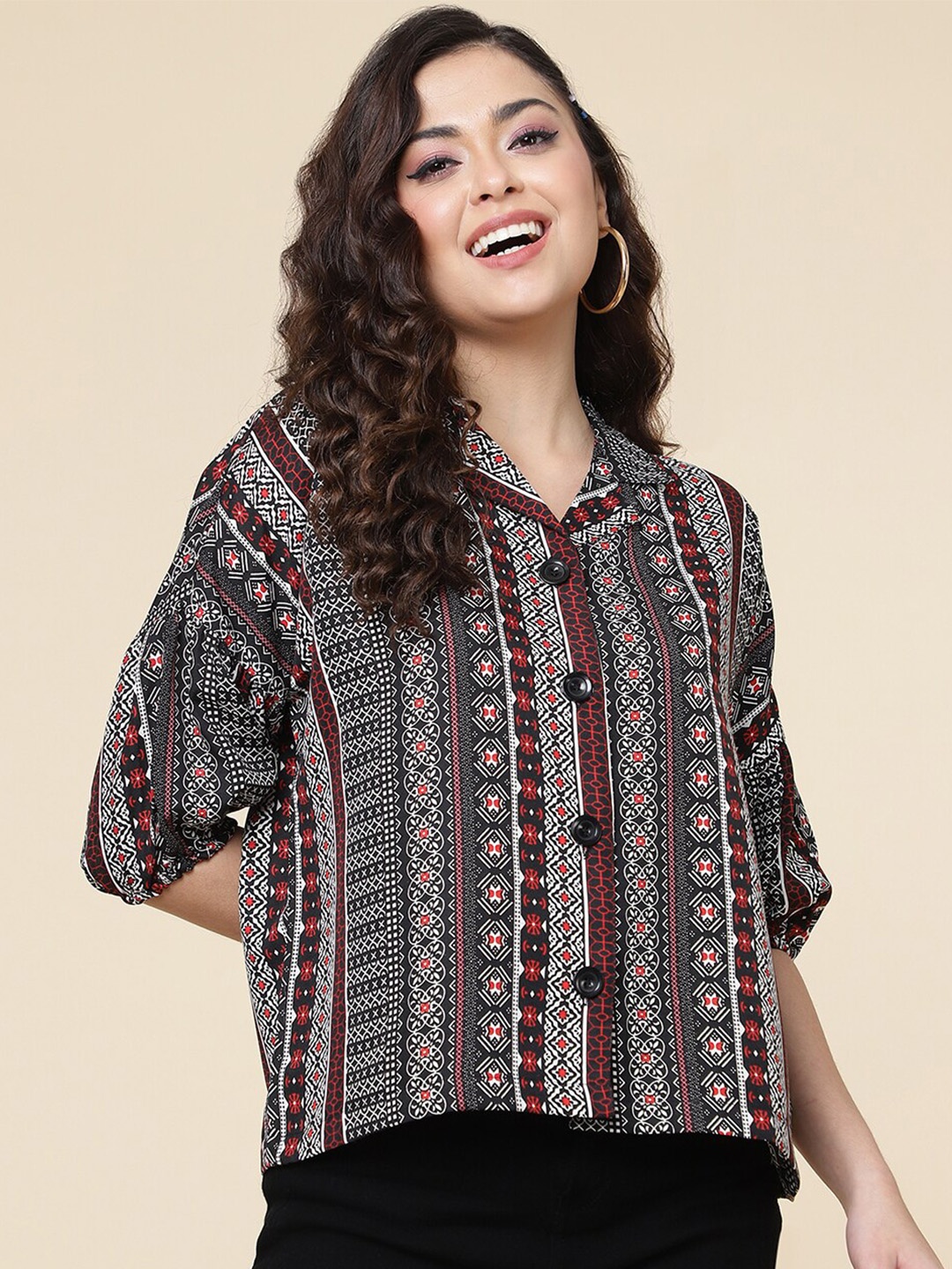 

CLEMIRA Tribal Printed Puff Sleeves Top, Maroon