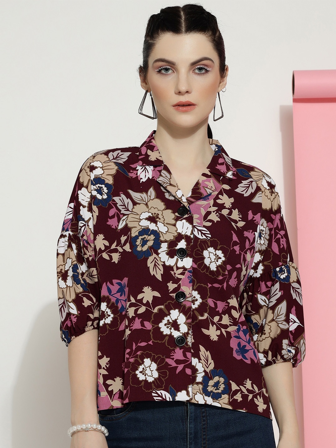 

CLEMIRA Floral Printed Crepe Shirt Style Top, Maroon