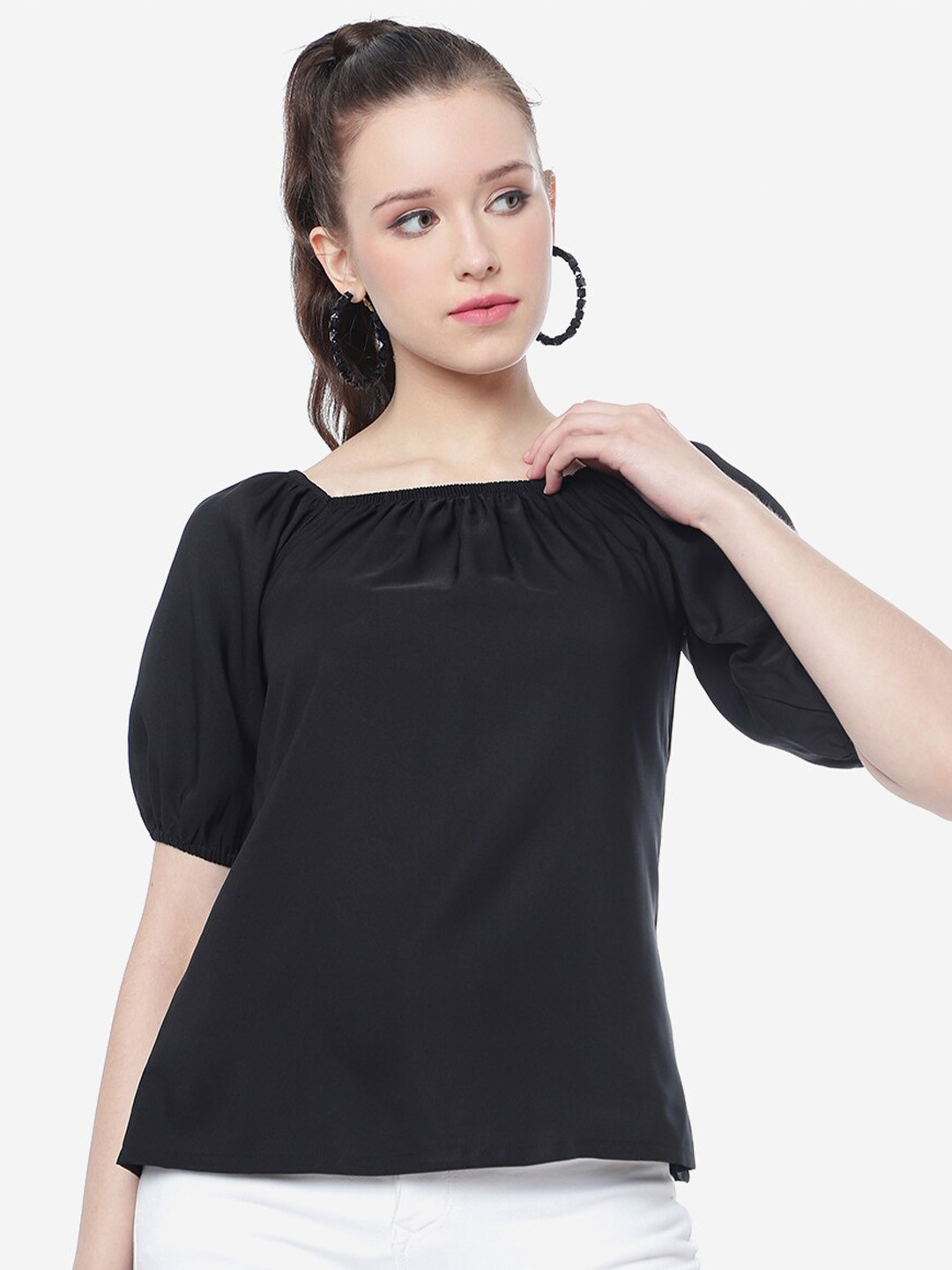 

CLEMIRA Puff Sleeve Square Neck Regular Top, Black