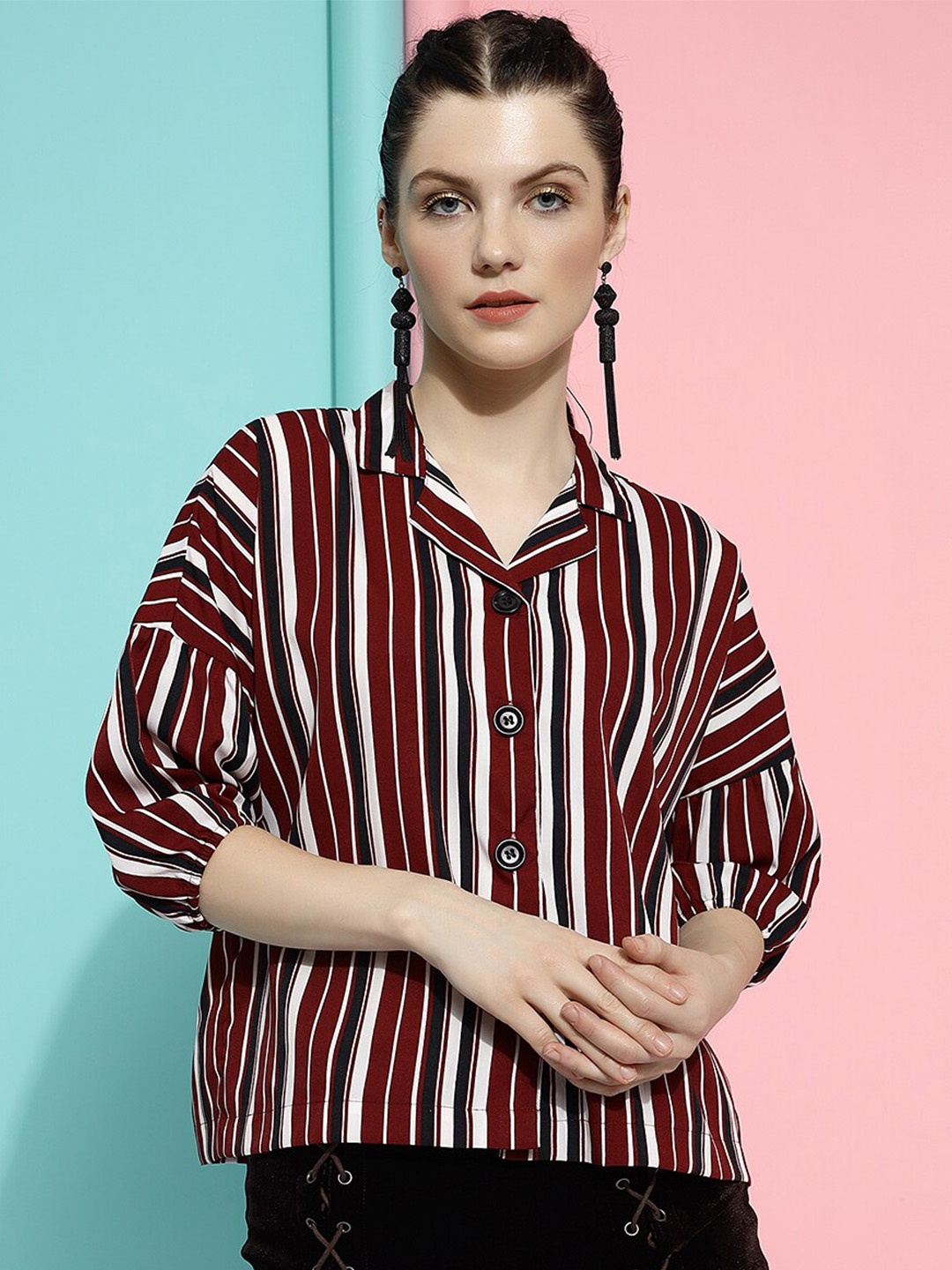 

CLEMIRA Striped Extended Sleeves Crepe Shirt Style Top, Maroon