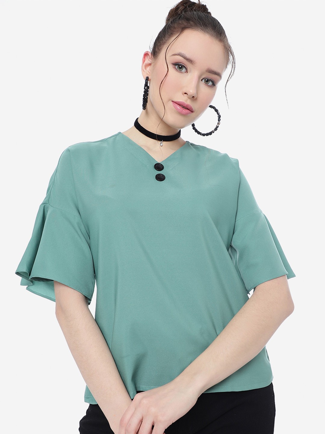 

CLEMIRA V-Neck Bell Sleeves Crepe Top, Teal