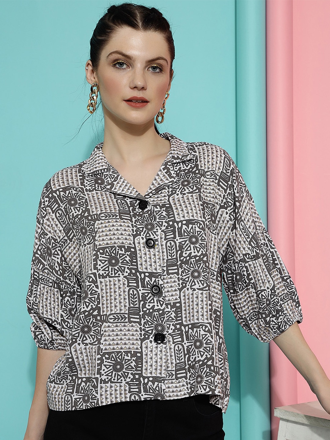 

CLEMIRA Ethnic Motifs Print Shirt Collar Puff Sleeve Top, Grey