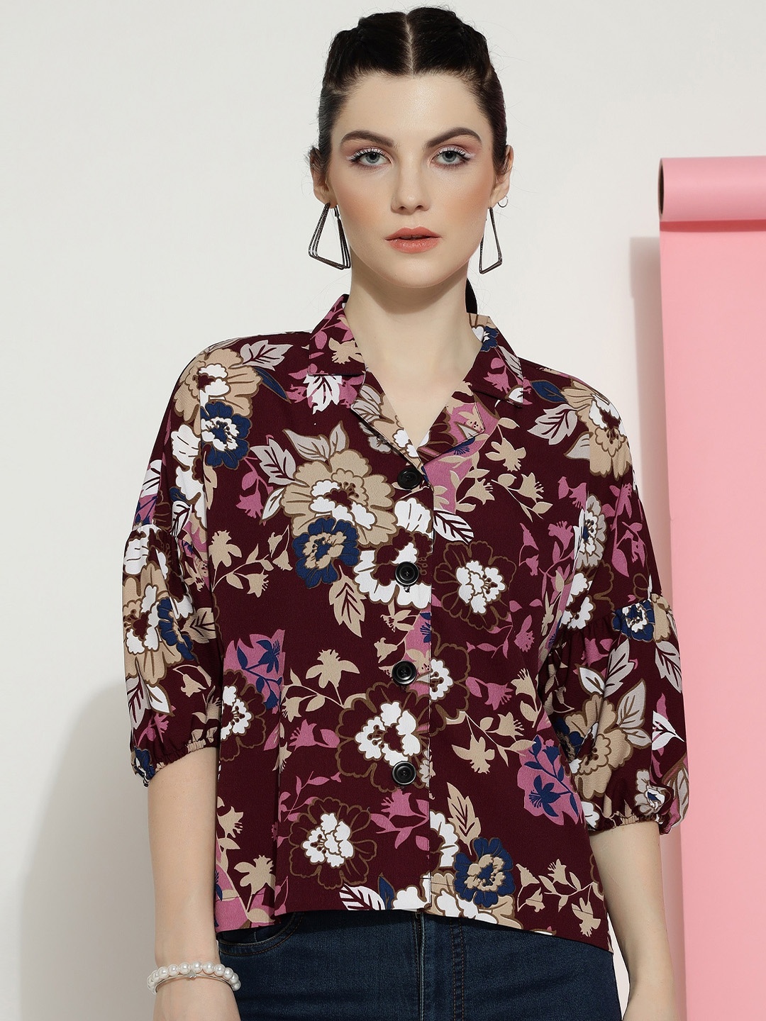 

CLEMIRA Floral Print Cuben Collar Extended Sleeves Shirt Style Top, Maroon