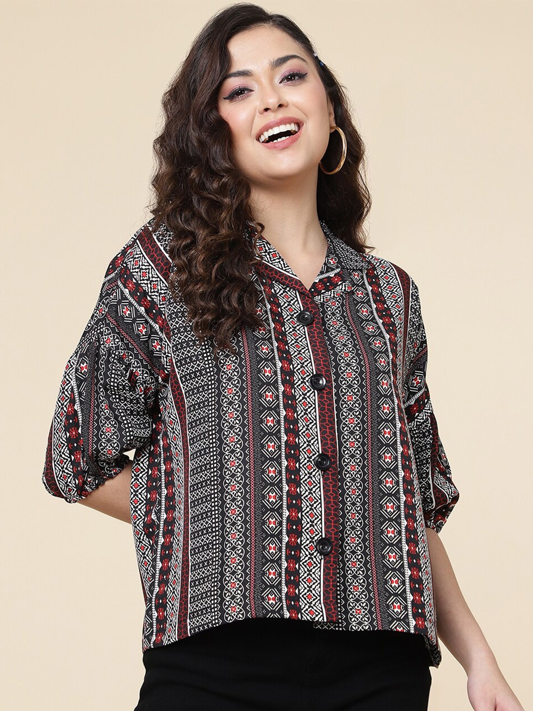 

CLEMIRA Tribal Printed Shirt Collar Shirt Style Top, Maroon