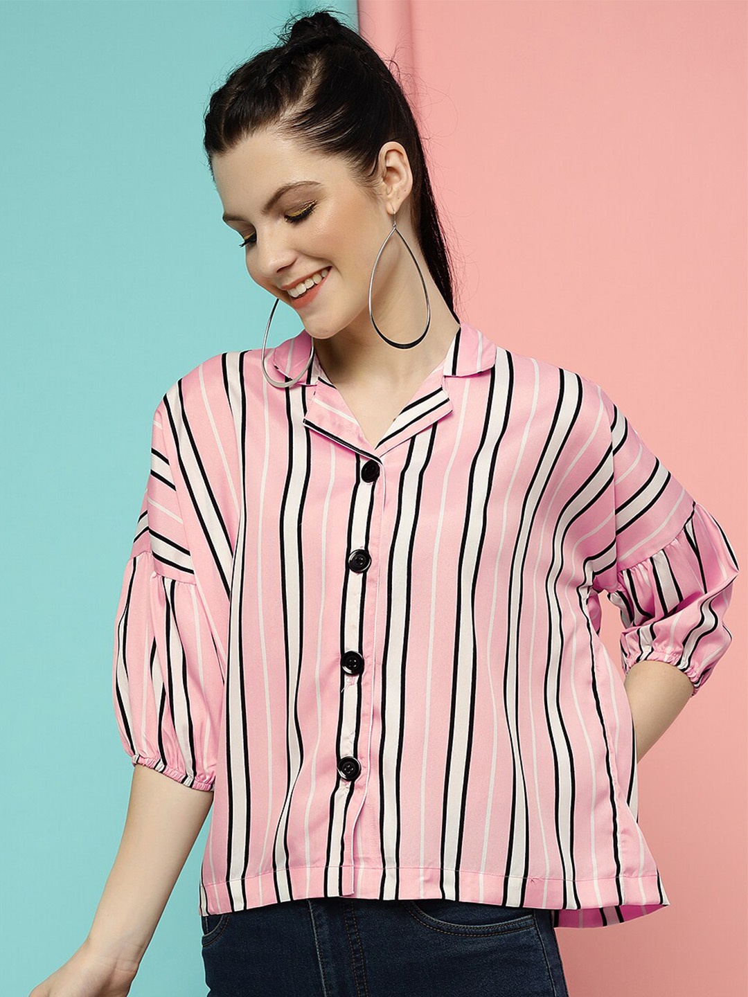 

CLEMIRA Vertical Stripes Printed Cuben Collar Extended Sleeves Shirt Style Top, Peach