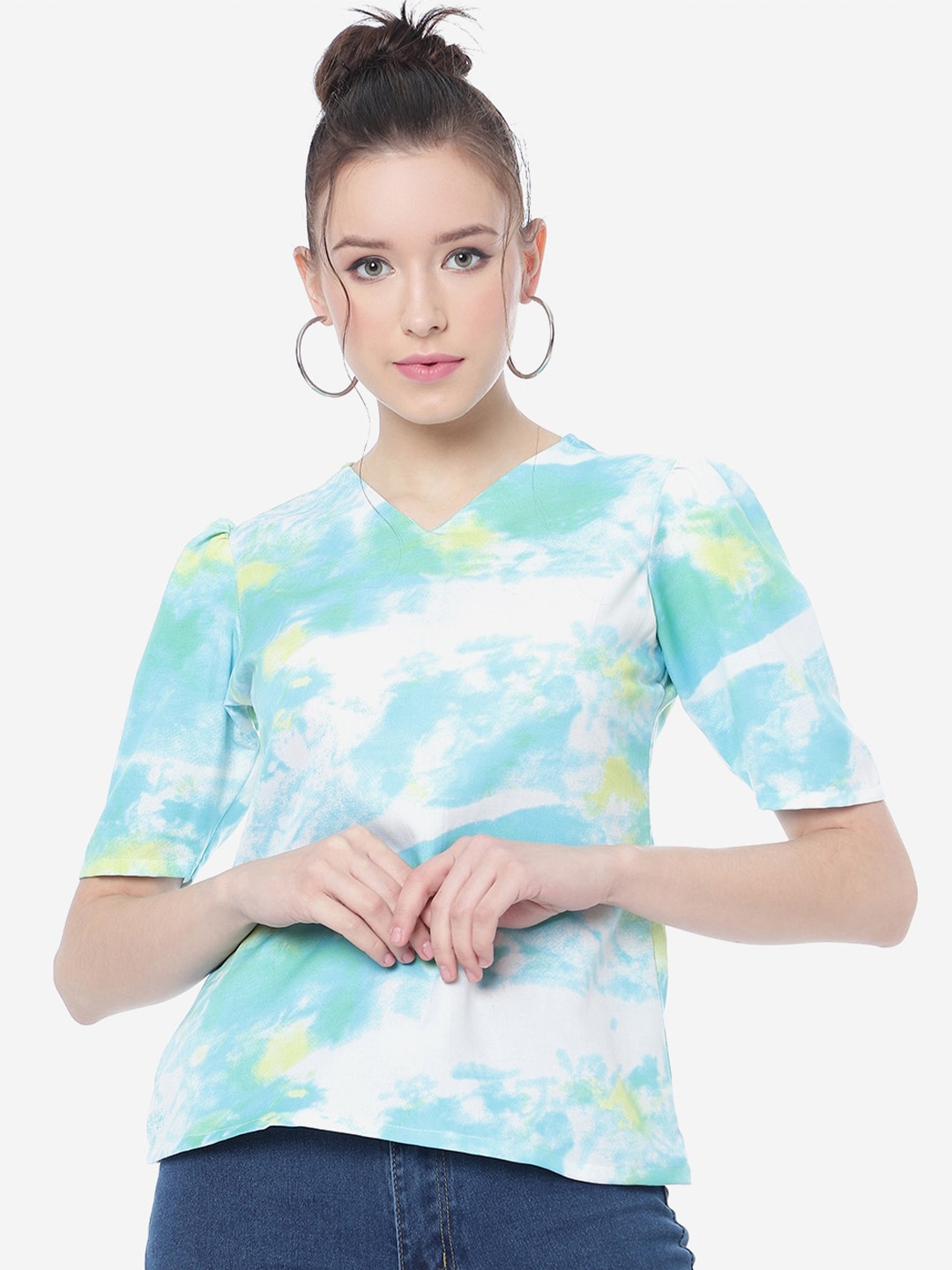 

CLEMIRA Tie and Dyed Puff Sleeves Top, Blue