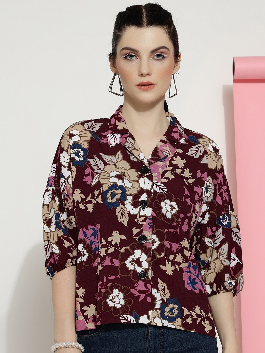 

CLEMIRA Floral Printed Shirt Style Top, Maroon
