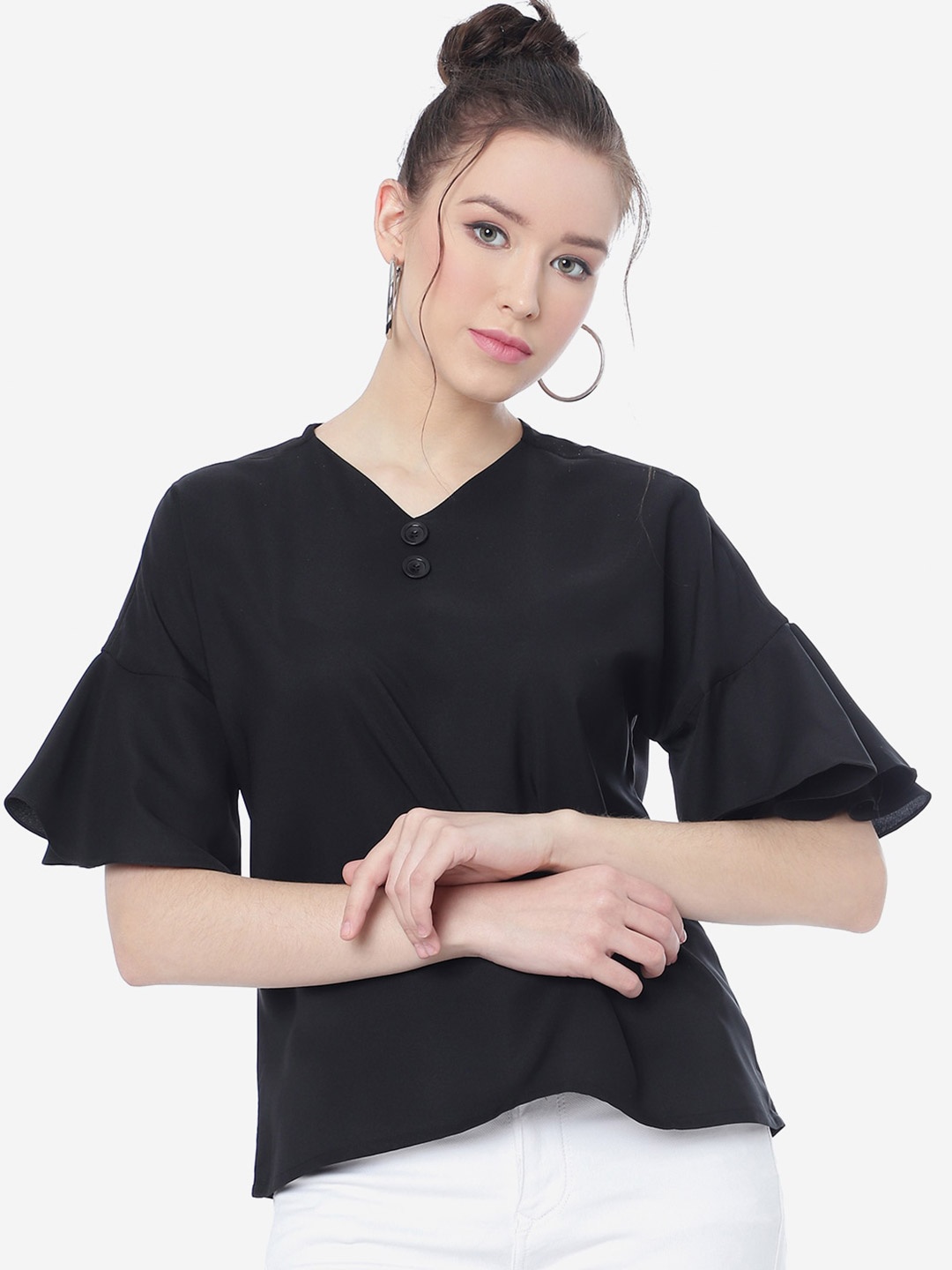 

CLEMIRA V-Neck Drop-Shoulder Sleeves Regular Top, Black