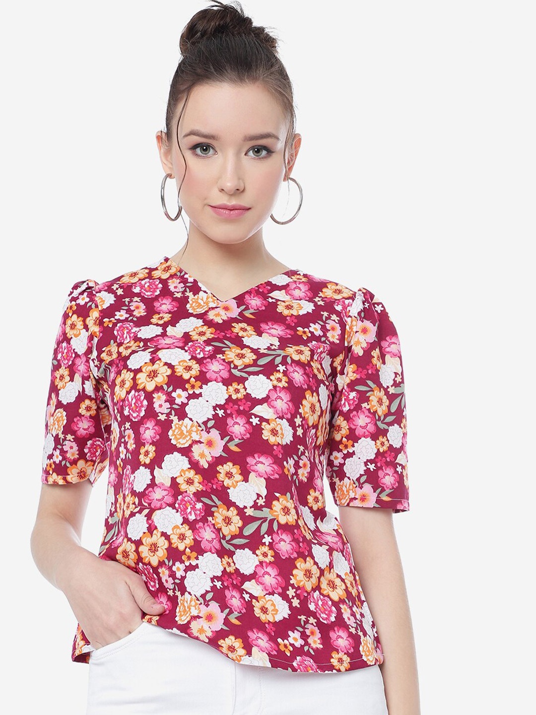 

CLEMIRA Floral Printed Puff Sleeves Regular Top, Pink