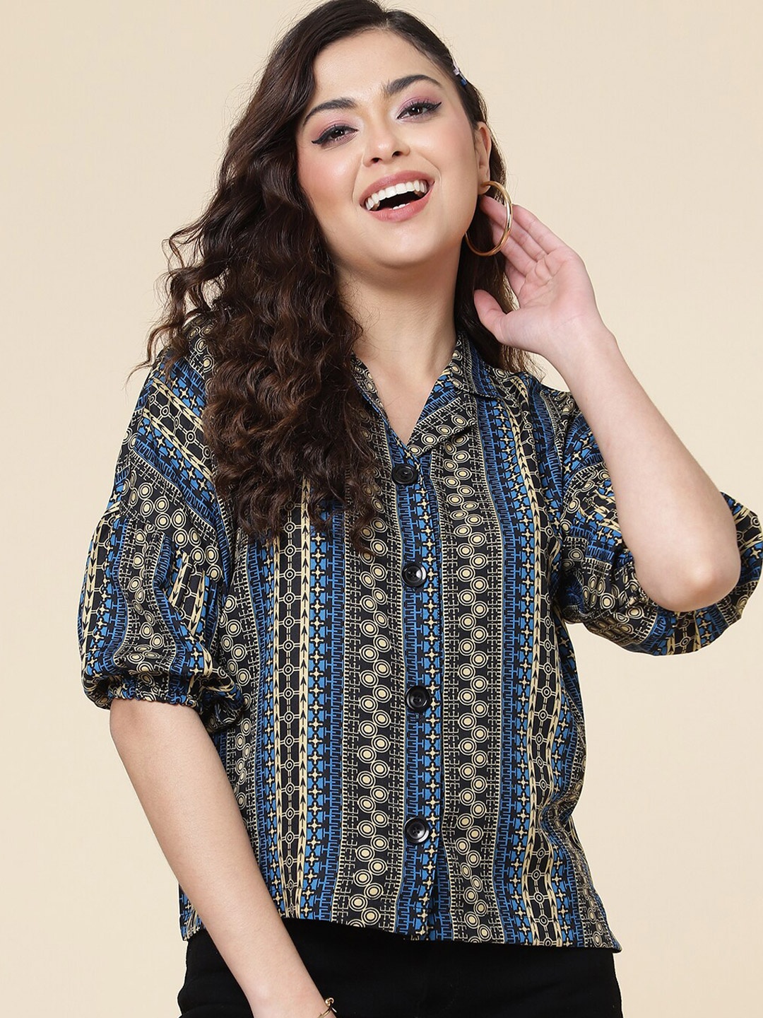 

CLEMIRA Ethnic Motifs Printed Puff Sleeves Shirt Styled Top, Blue