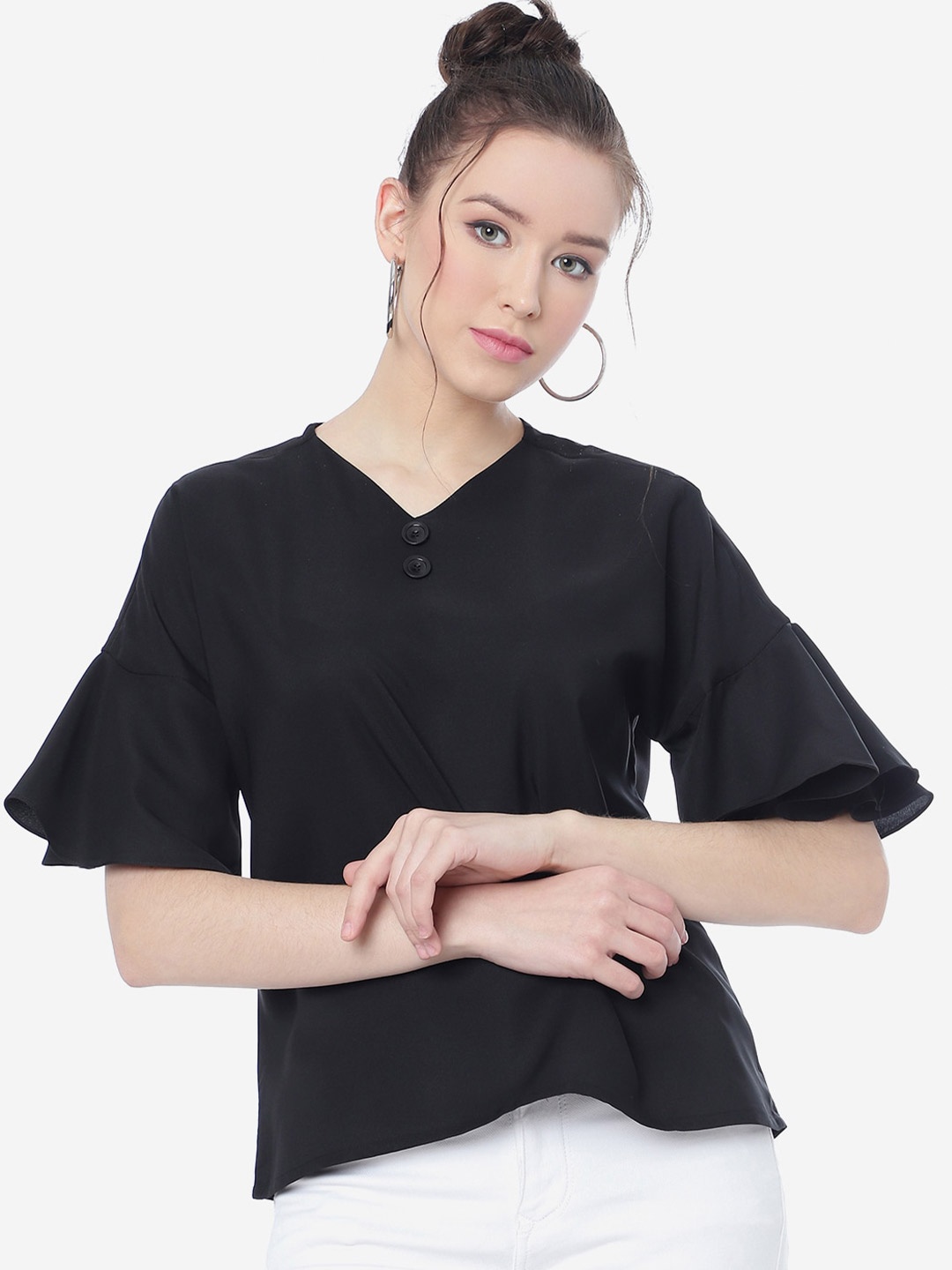

CLEMIRA V-Neck Drop-Shoulder Sleeves Regular Top, Black