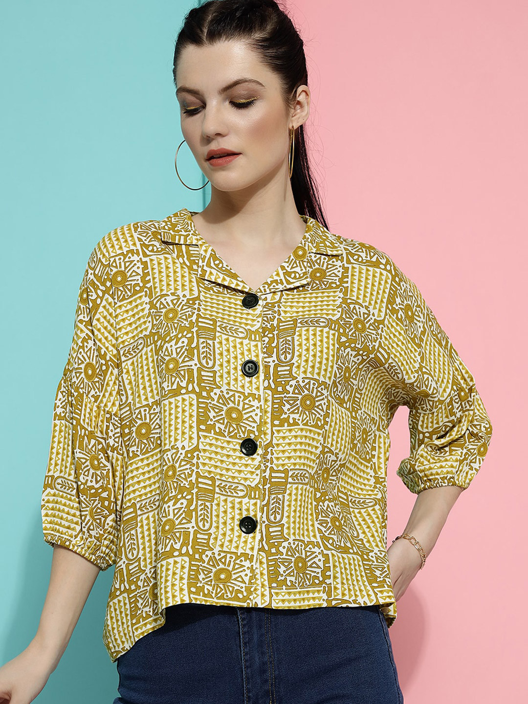

CLEMIRA Ethnic Motifs Printed Puff Sleeves Shirt Style Top, Sea green