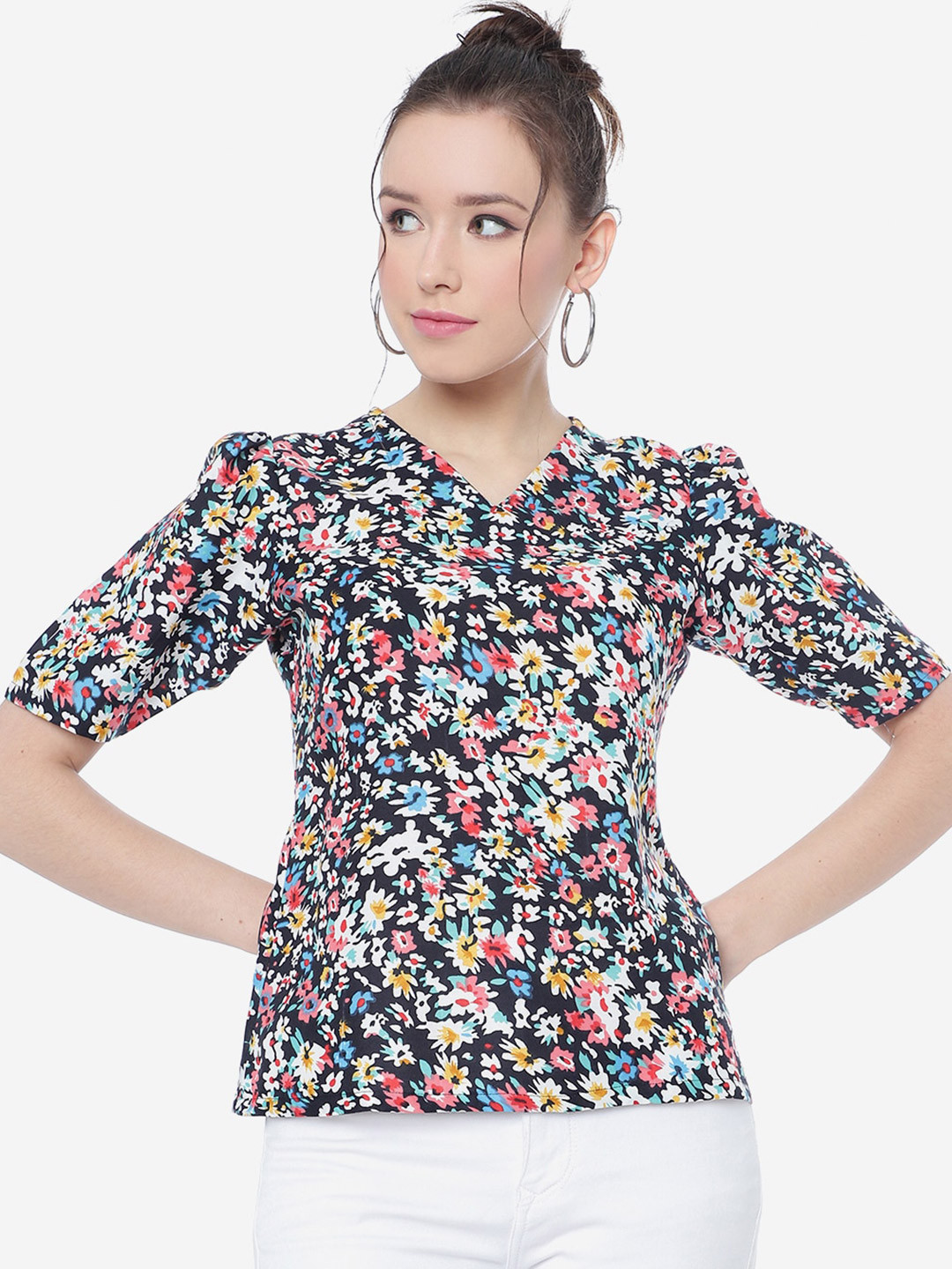 

CLEMIRA Floral Printed Puff Sleeve Top, Navy blue