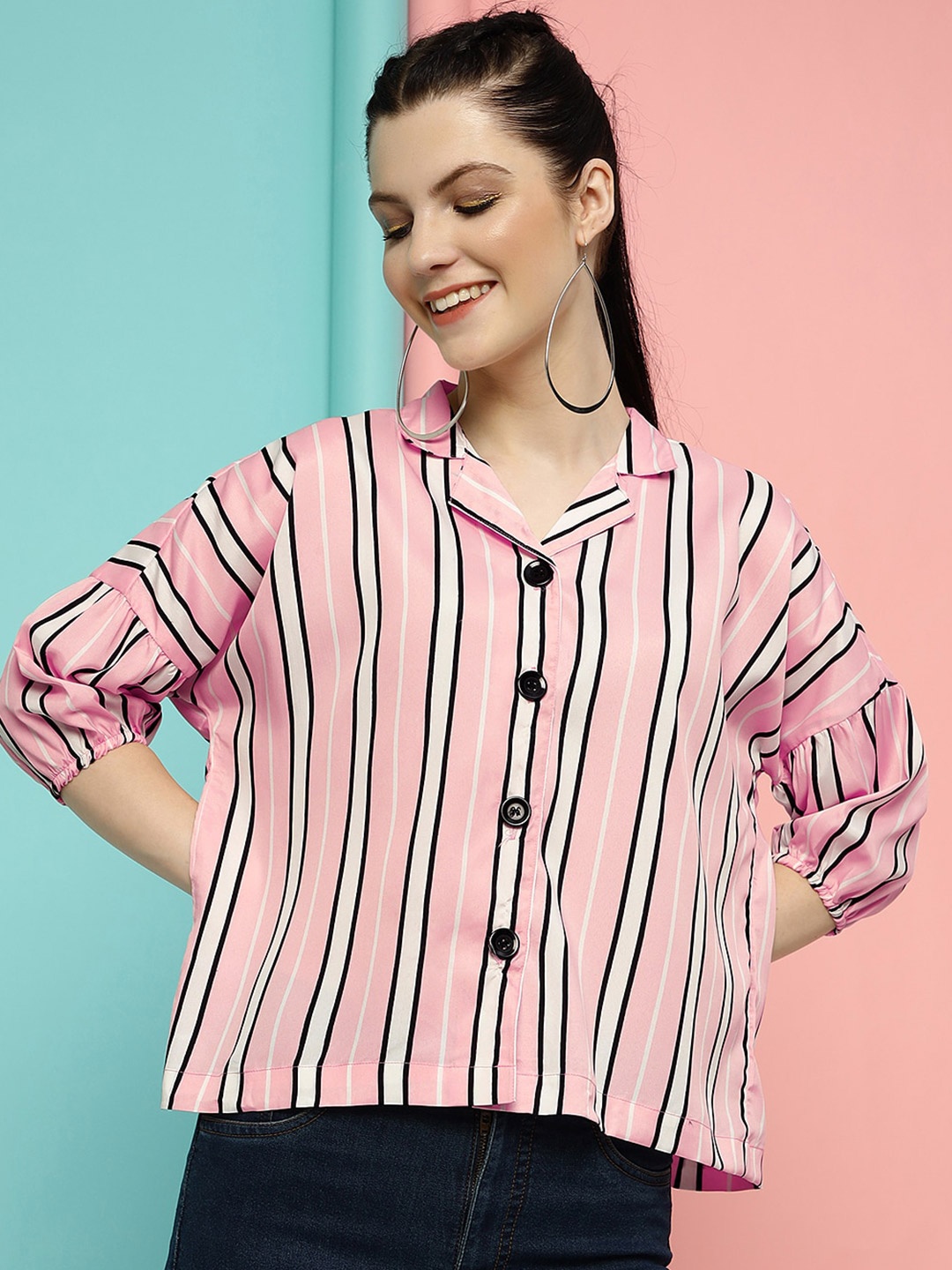 

CLEMIRA Vertical Stripes Printed Cuben Collar Extended Sleeves Shirt Style Top, Peach