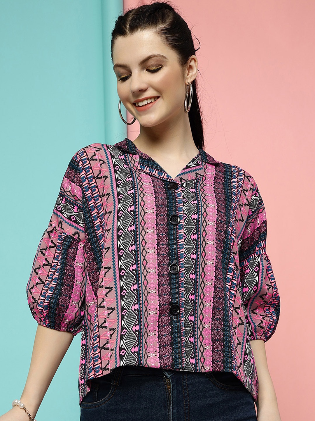 

CLEMIRA Ethnic Motifs Printed Cuban Collar Cuffed Sleeves Shirt Style Top, Pink