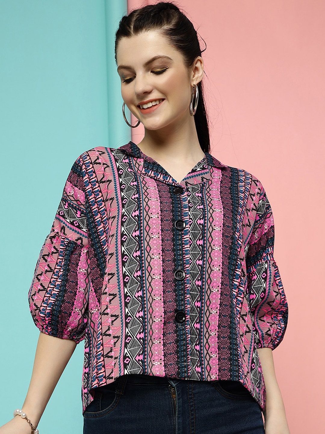 

CLEMIRA Ethnic Motifs Printed Puff Sleeves Shirt Styled Top, Black