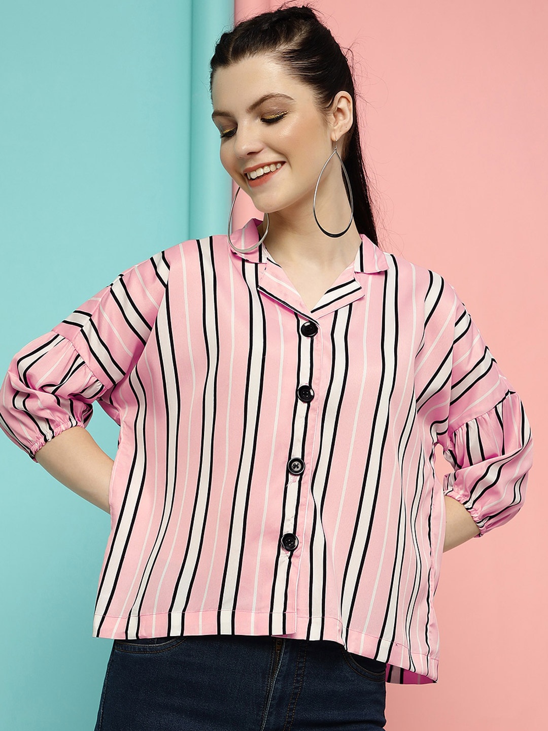 

CLEMIRA Vertical Stripes Striped Puff Sleeves Shirt Style Top, Pink