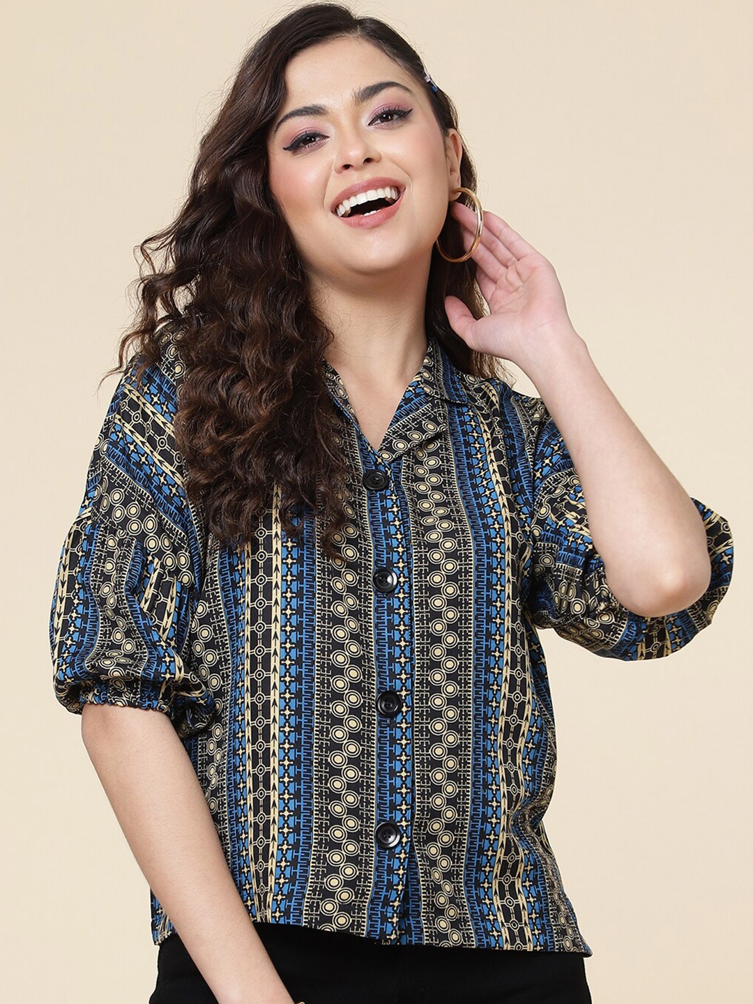 

CLEMIRA Tribal Printed Puff Sleeves Top, Blue