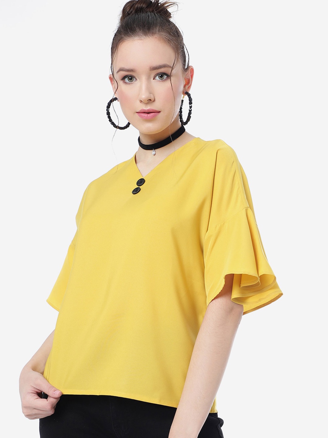 

CLEMIRA V-Neck Bell Sleeves Top, Yellow