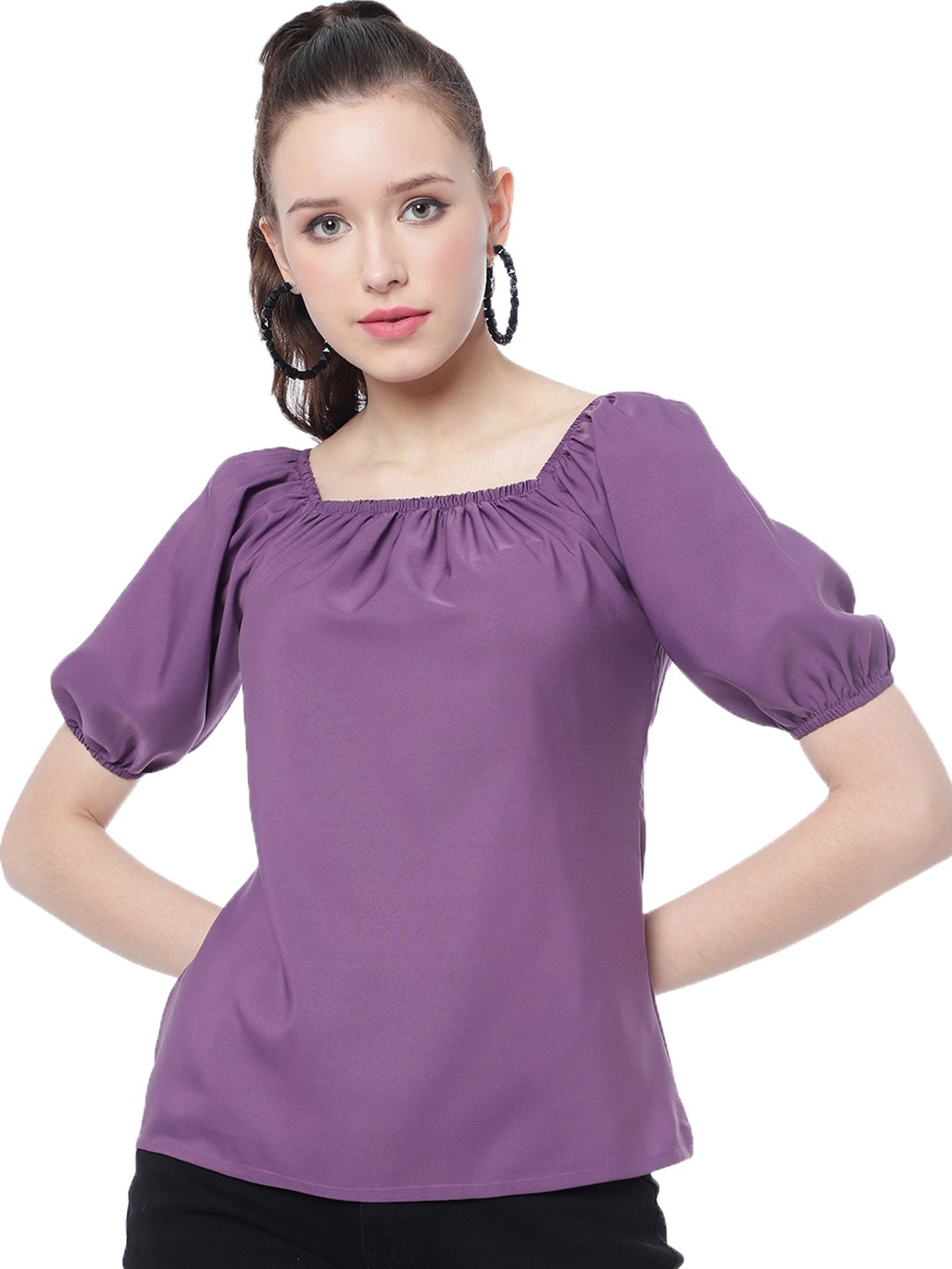 

CLEMIRA Square Neck Puff Sleeve Gather Top, Purple