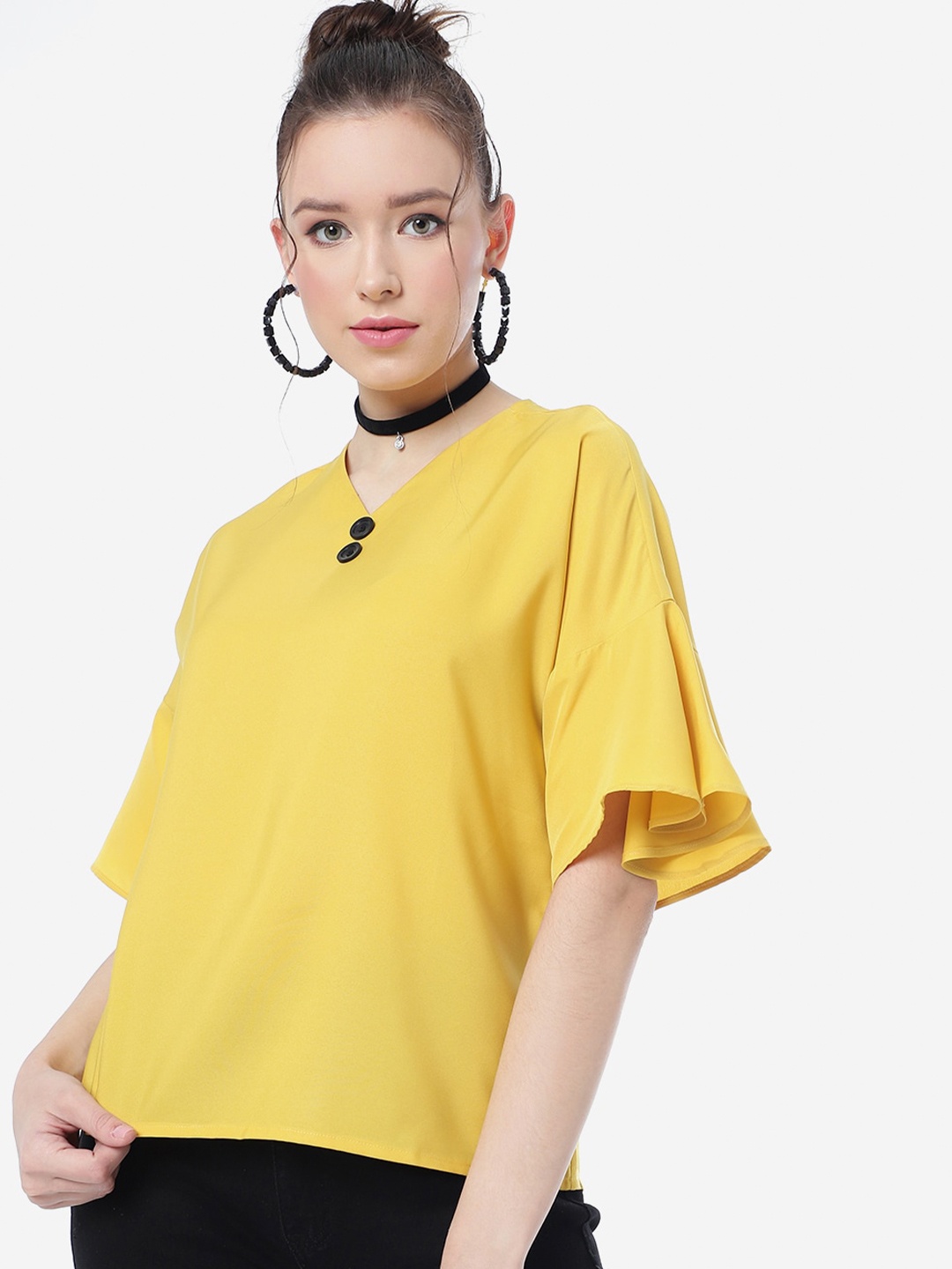 

CLEMIRA V-Neck Bell Sleeve Regular Top, Yellow