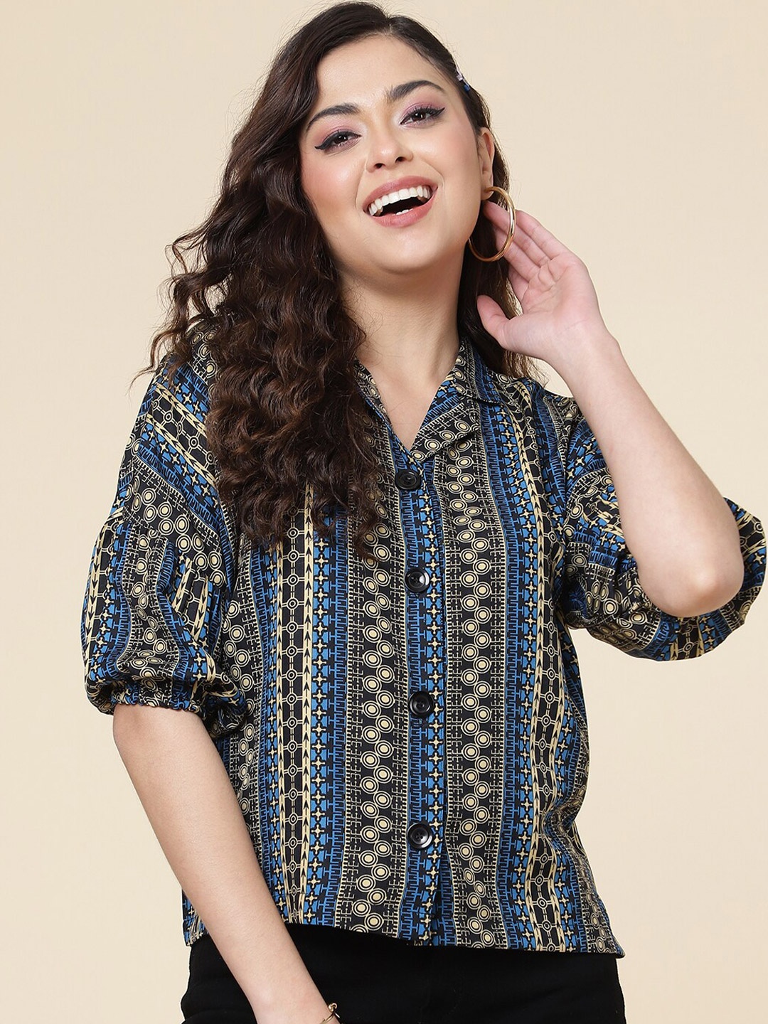 

CLEMIRA Ethnic Motifs Printed Puff Sleeves Shirt Styled Top, Black