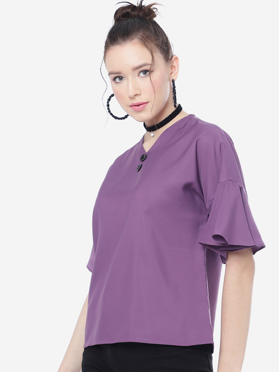 

CLEMIRA V-Neck Bell Sleeve Regular Top, Purple