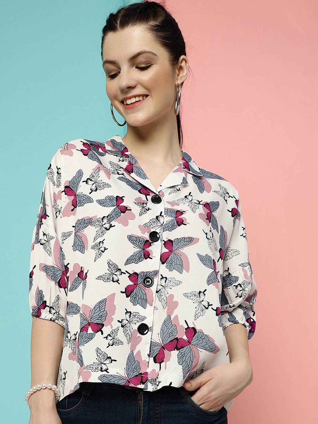 

CLEMIRA Floral Printed Cuben Collar Shirt Style Top, White