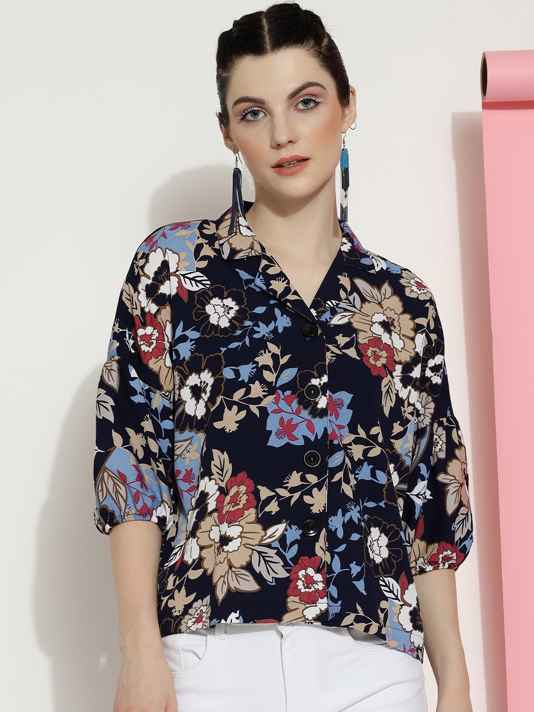 

CLEMIRA Floral Printed Shirt Collar Puff Sleeves Shirt Style Top, Navy blue