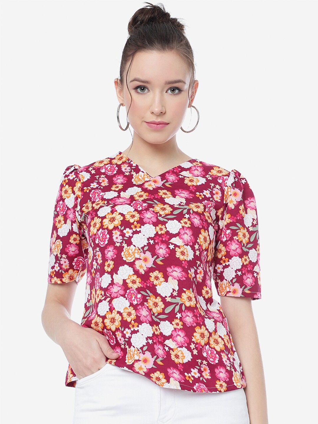 

CLEMIRA Floral Printed Puff Sleeves Regular Top, Pink