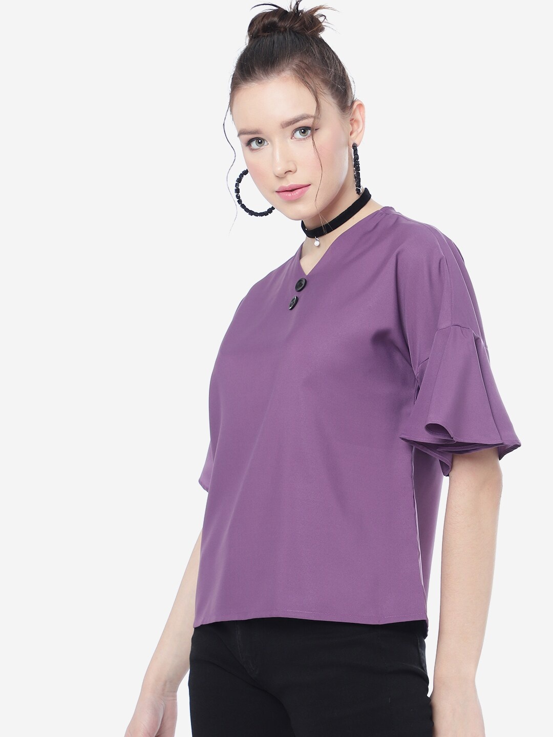 

CLEMIRA V-Neck Flared Sleeves Top, Purple
