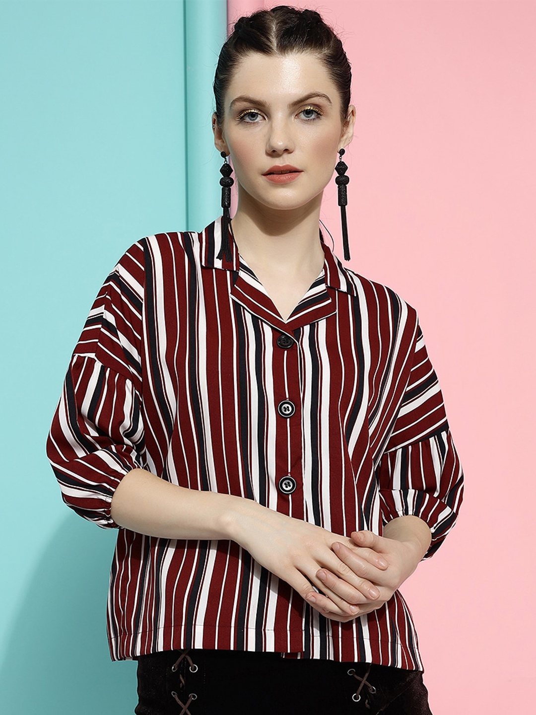 

CLEMIRA Vertical Striped Extended Sleeves Cube Collar Shirt Style Top, Maroon