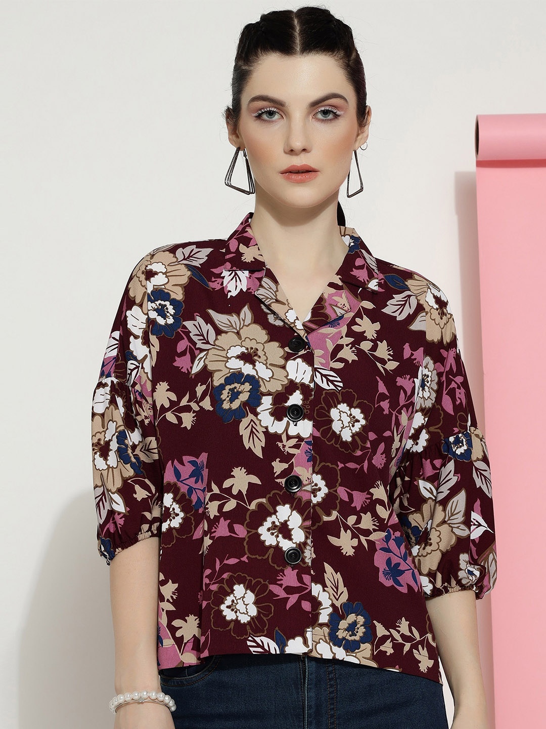 

CLEMIRA Floral Printed Shirt Collar Extended Sleeves Shirt Style Top, Maroon
