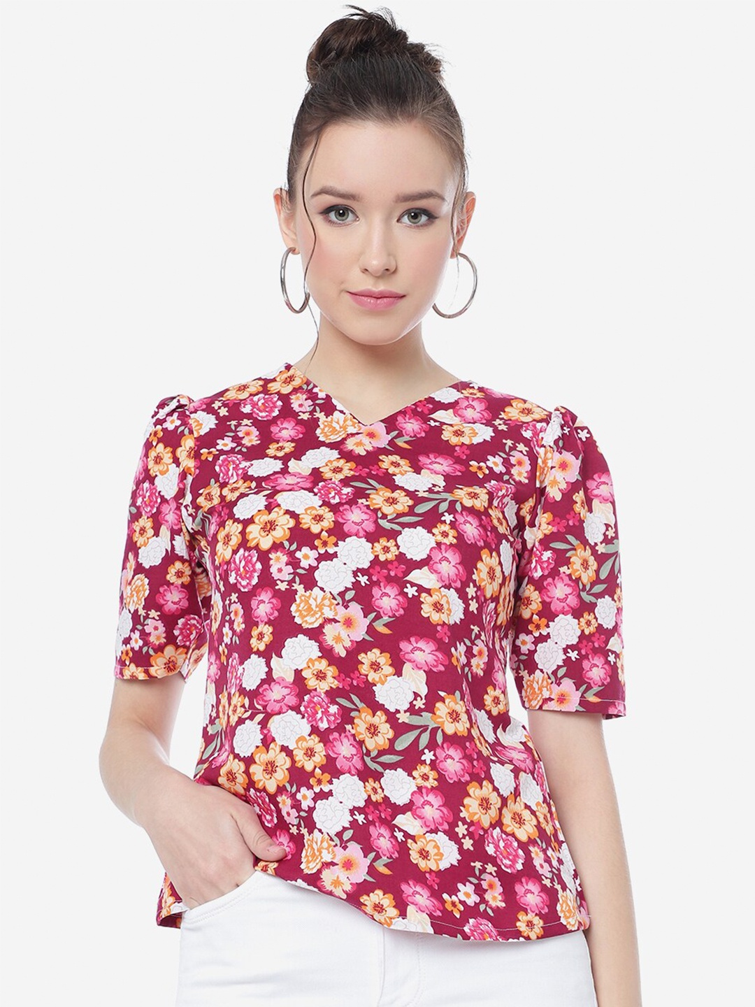 

CLEMIRA Pink Floral V-Neck Puff Sleeve Tops
