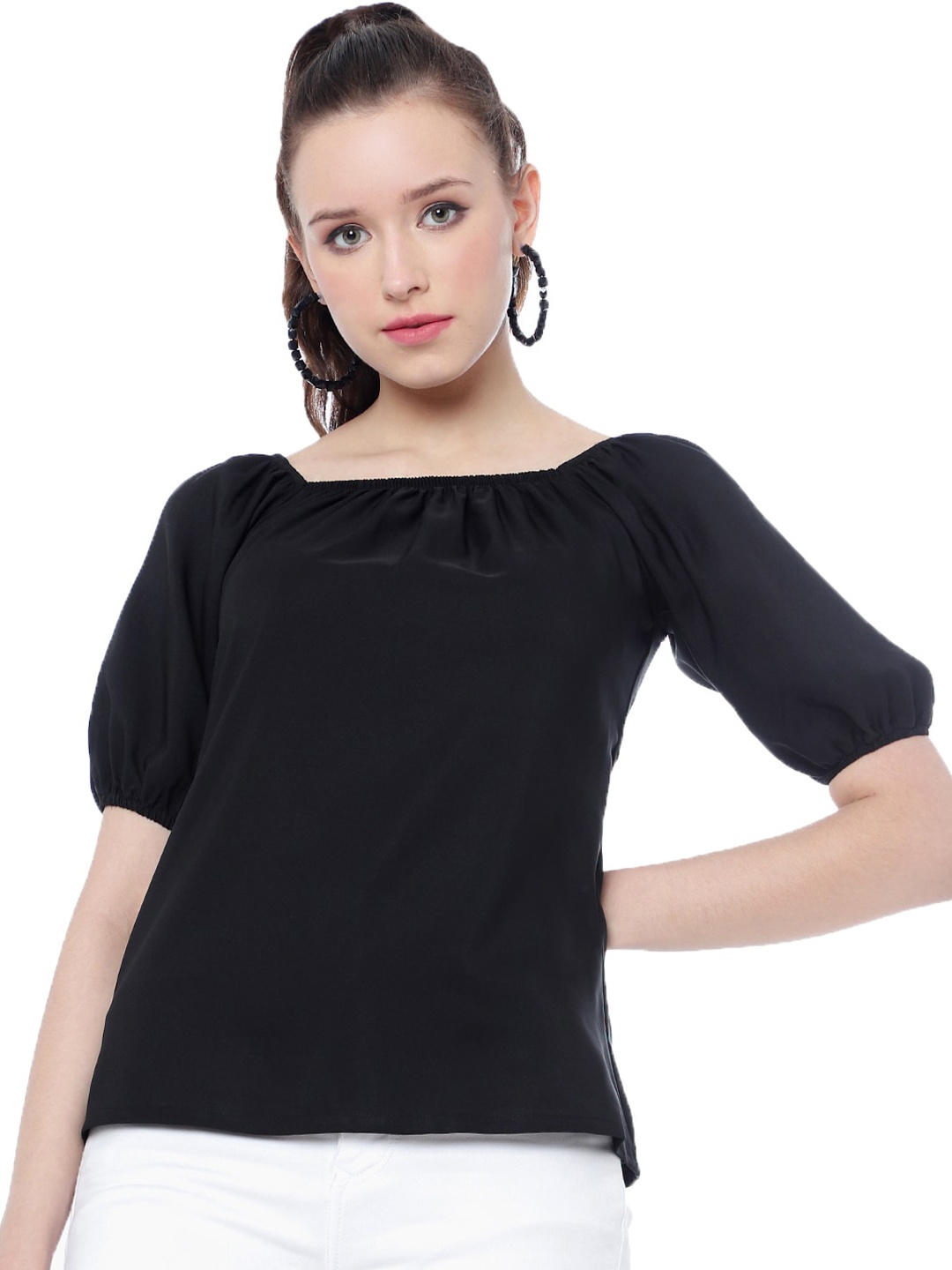 

CLEMIRA Puff Sleeve Gathered Detailed Regular Top, Black