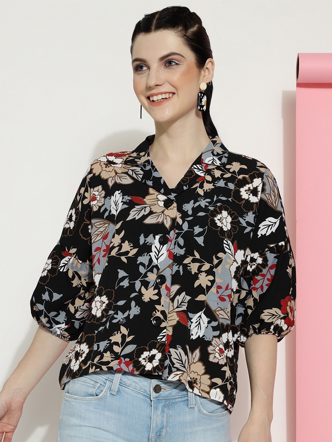 

CLEMIRA Ethnic Motifs Print Shirt Collar Puff Sleeve Top, Black