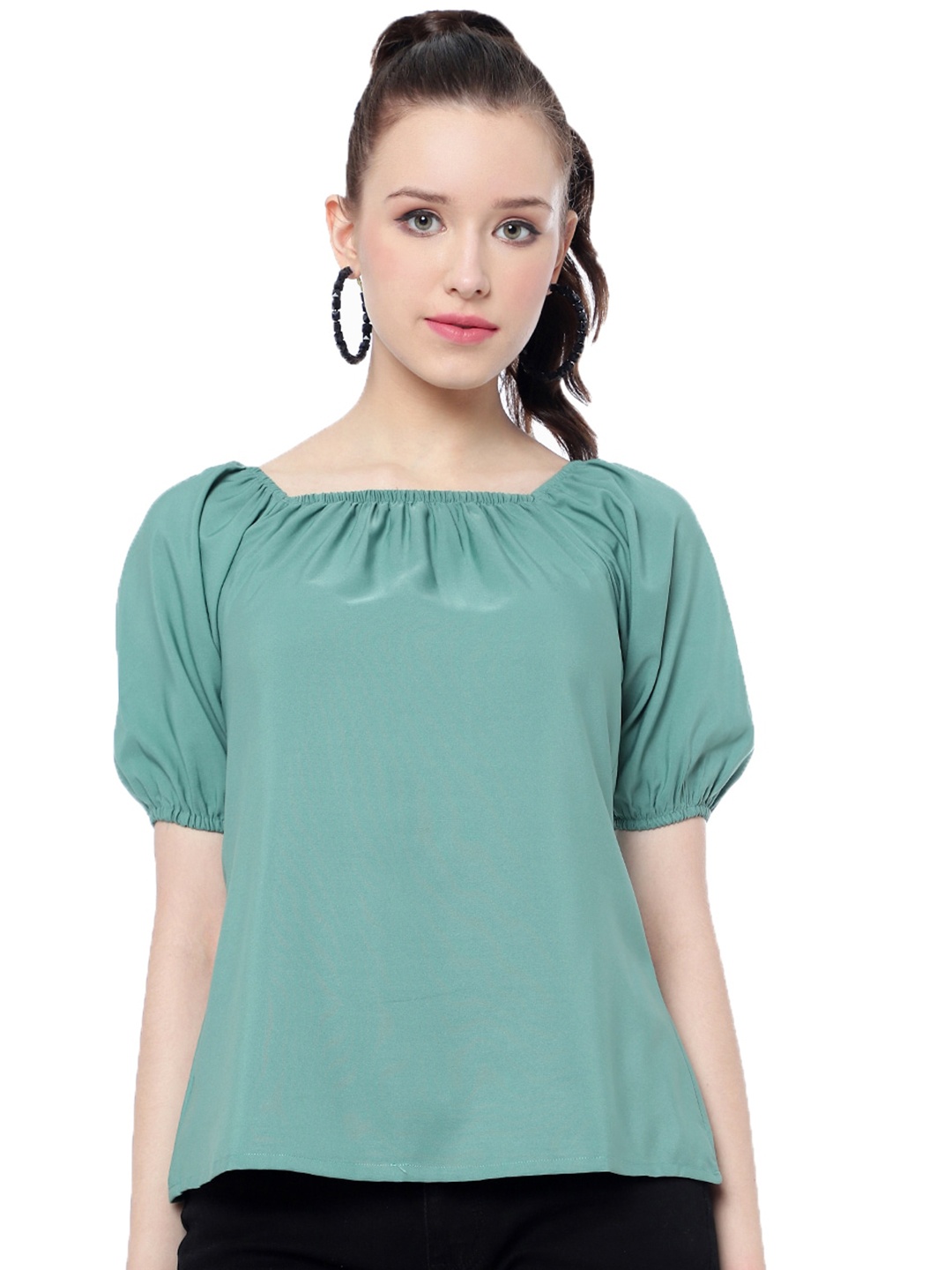 

CLEMIRA Square Neck Puff Sleeve Gathered Regular Top, Green