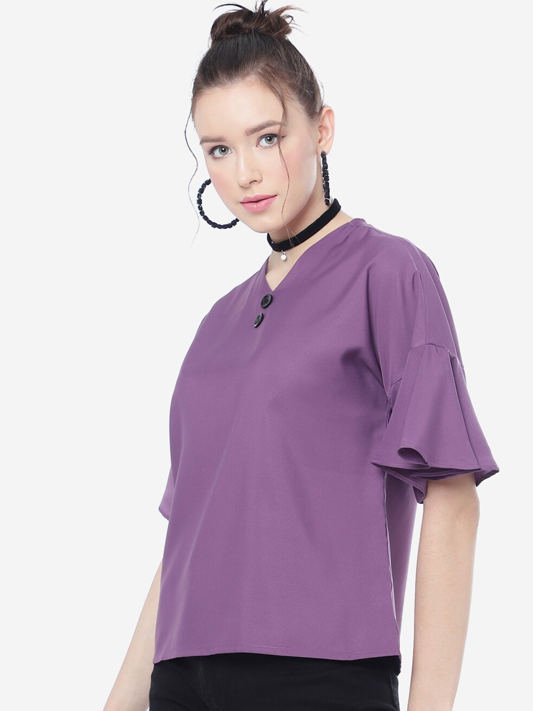 

CLEMIRA V-Neck Drop-Shoulder Sleeves Regular Top, Purple